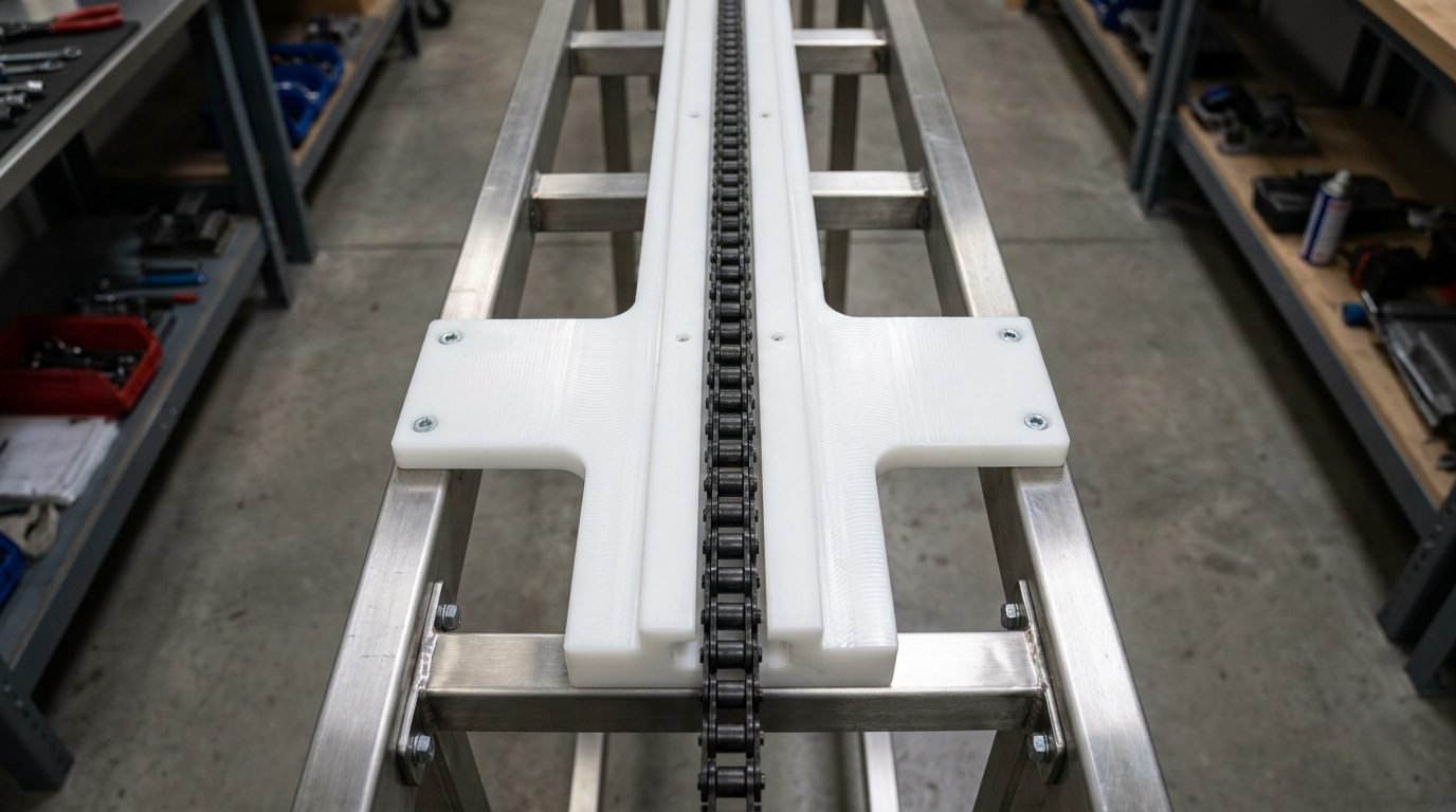 Top-down view of ETA single-row UHMWPE chain guide with 08B-1 chain in T-slot