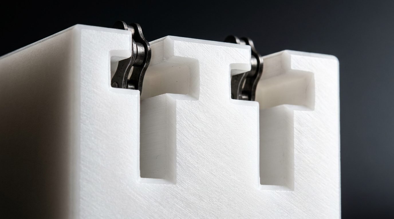 Cross-section of twin T-slot UHMWPE chain guide showing symmetric dual channels