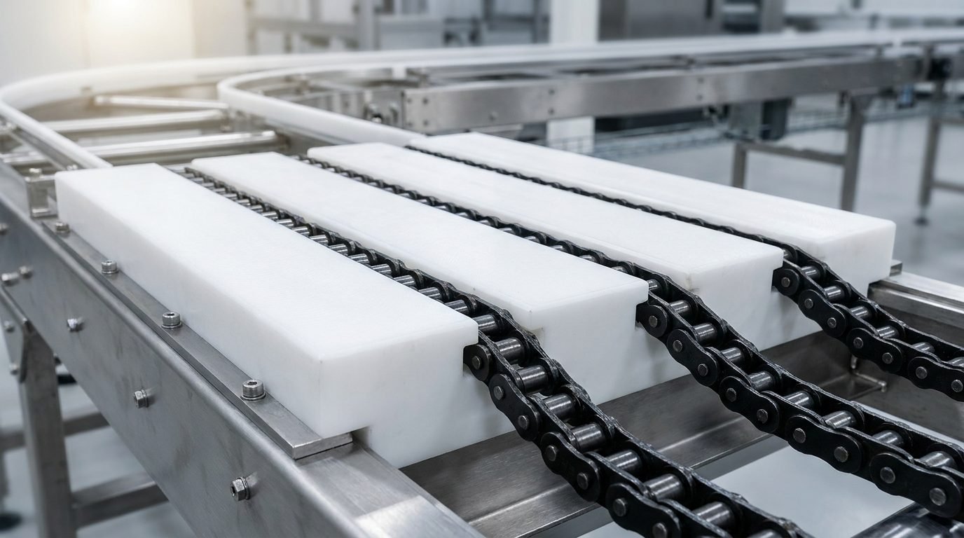 T-Shape Triple-Row UHMWPE chain guide with three 16B-3 chains on heavy-duty conveyor